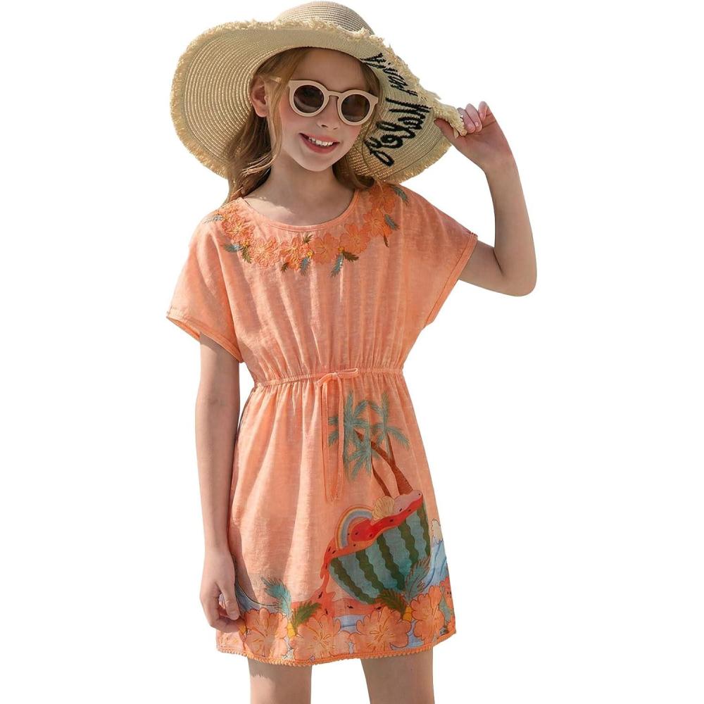 image:imageHaloumoning Girls Swim Cover Up Kids Summer Printed Short Sleeve Swimsuit Coverup Beach Bathing Suit Swimwear 514YCoral Pink