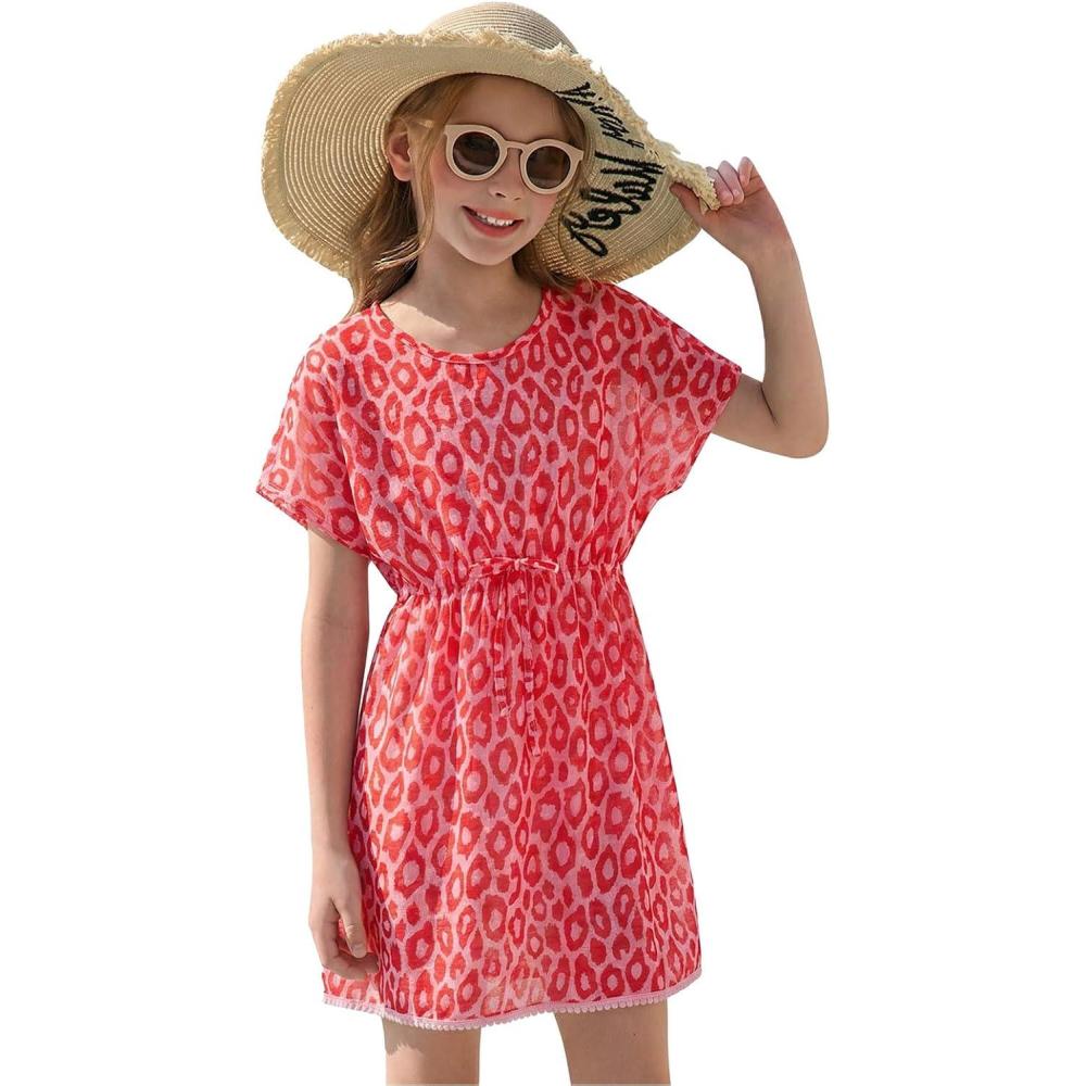 image:imageHaloumoning Girls Swim Cover Up Kids Summer Printed Short Sleeve Swimsuit Coverup Beach Bathing Suit Swimwear 514YHot Pink