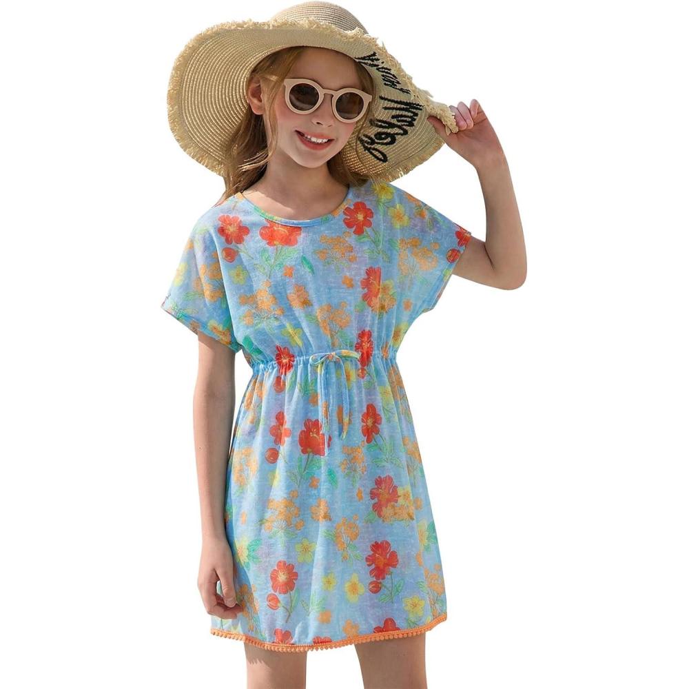 image:imageHaloumoning Girls Swim Cover Up Kids Summer Printed Short Sleeve Swimsuit Coverup Beach Bathing Suit Swimwear 514YLight Blue