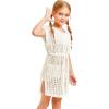 Haloumoning Girls Crochet Swim Beach Cover Up Short Sleeve Swimsuits Long Beach Dress 5-14 Years(Beige)