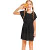Haloumoning Girls Crochet Swim Beach Cover Up Short Sleeve Swimsuits Long Beach Dress 5-14 Years(Black)