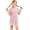 Haloumoning Girls Crochet Swim Beach Cover Up Short Sleeve Swimsuits Long Beach Dress 5-14 Years(Pink)