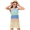 Haloumoning Girls Color Block Crochet Knit Swim Cover up Kids Summer Sleeveless Beach Dress 5-14 Years(Sky Blue)