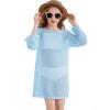 Haloumoning Girls Crochet Long Sleeve Beach Cover Up Kids Fashion Hollow Out Swimwear with Split Hem 5-14 Years(Sky Blue)