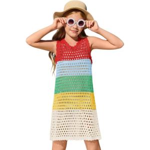 Haloumoning Girls Color Block Crochet Knit Swim Cover up Kids Summer Sleeveless Beach Dress 5-14 Years(Red)