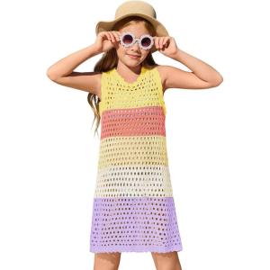Haloumoning Girls Color Block Crochet Knit Swim Cover up Kids Summer Sleeveless Beach Dress 5-14 Years(Yellow)