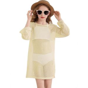 Haloumoning Girls Crochet Long Sleeve Beach Cover Up Kids Fashion Hollow Out Swimwear with Split Hem 5-14 Years(Apricot)