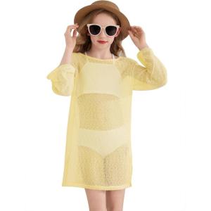Haloumoning Girls Crochet Long Sleeve Beach Cover Up Kids Fashion Hollow Out Swimwear with Split Hem 5-14 Years(Light Yellow)