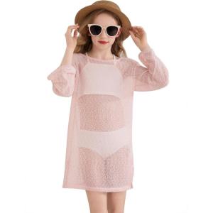 Haloumoning Girls Crochet Long Sleeve Beach Cover Up Kids Fashion Hollow Out Swimwear with Split Hem 5-14 Years(Pink)