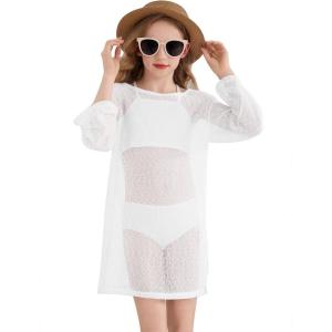 Haloumoning Girls Crochet Long Sleeve Beach Cover Up Kids Fashion Hollow Out Swimwear with Split Hem 5-14 Years(White)