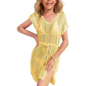 Haloumoning Girls Crochet Swim Beach Cover Up Short Sleeve Swimsuits Long Beach Dress 5-14 Years(Yellow)