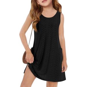 Haloumoning Girls Eyelet Swimsuit Cover Up Kids Casual Sleeveless Summer Beach Dress Coverups with Pockets 5-14 Years(Black)