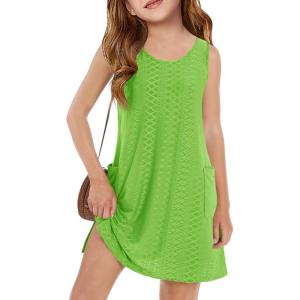 Haloumoning Girls Eyelet Swimsuit Cover Up Kids Casual Sleeveless Summer Beach Dress Coverups with Pockets 5-14 Years(Grass Green)