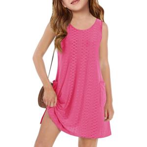 Haloumoning Girls Eyelet Swimsuit Cover Up Kids Casual Sleeveless Summer Beach Dress Coverups with Pockets 5-14 Years(Hot Pink)