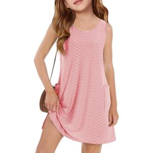 Haloumoning Girls Eyelet Swimsuit Cover Up Kids Casual Sleeveless Summer Beach Dress Coverups with Pockets 5-14 Years(Pink)