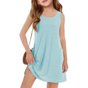 Haloumoning Girls Eyelet Swimsuit Cover Up Kids Casual Sleeveless Summer Beach Dress Coverups with Pockets 5-14 Years(Sky Blue)