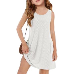 Haloumoning Girls Eyelet Swimsuit Cover Up Kids Casual Sleeveless Summer Beach Dress Coverups with Pockets 5-14 Years(White)