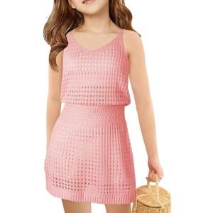 Haloumoning Girls Sleeveless Crochet Swimsuit Cover Up Kids Summer Hollow Out Knitted Beach Dress 7-14 Years(Pink)
