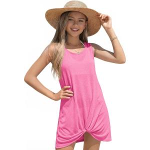Haloumoning Girls Sleeveless Swim Cover Up Kids Summer Swimsuit Coverup Twist Front Beach Dress 5-14Y(Hot Pink)