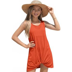Haloumoning Girls Sleeveless Swim Cover Up Kids Summer Swimsuit Coverup Twist Front Beach Dress 5-14Y(Orange Red)