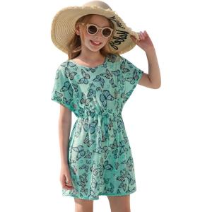 Haloumoning Girls Swim Cover Up Kids Summer Printed Short Sleeve Swimsuit Coverup Beach Bathing Suit Swimwear 5-14Y(Light Green)
