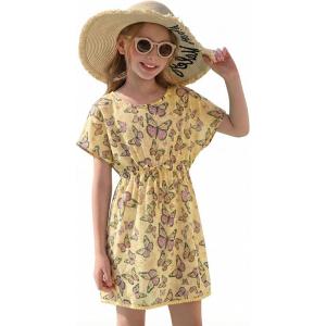 Haloumoning Girls Swim Cover Up Kids Summer Printed Short Sleeve Swimsuit Coverup Beach Bathing Suit Swimwear 5-14Y(Yellow)