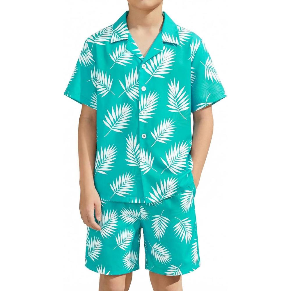 image:imageHaloumoning Boys 2 Piece Outfits Hawaiian Button Down Shirt and Shorts Sets Summer Beach Clothes 514 YearsBlue Green