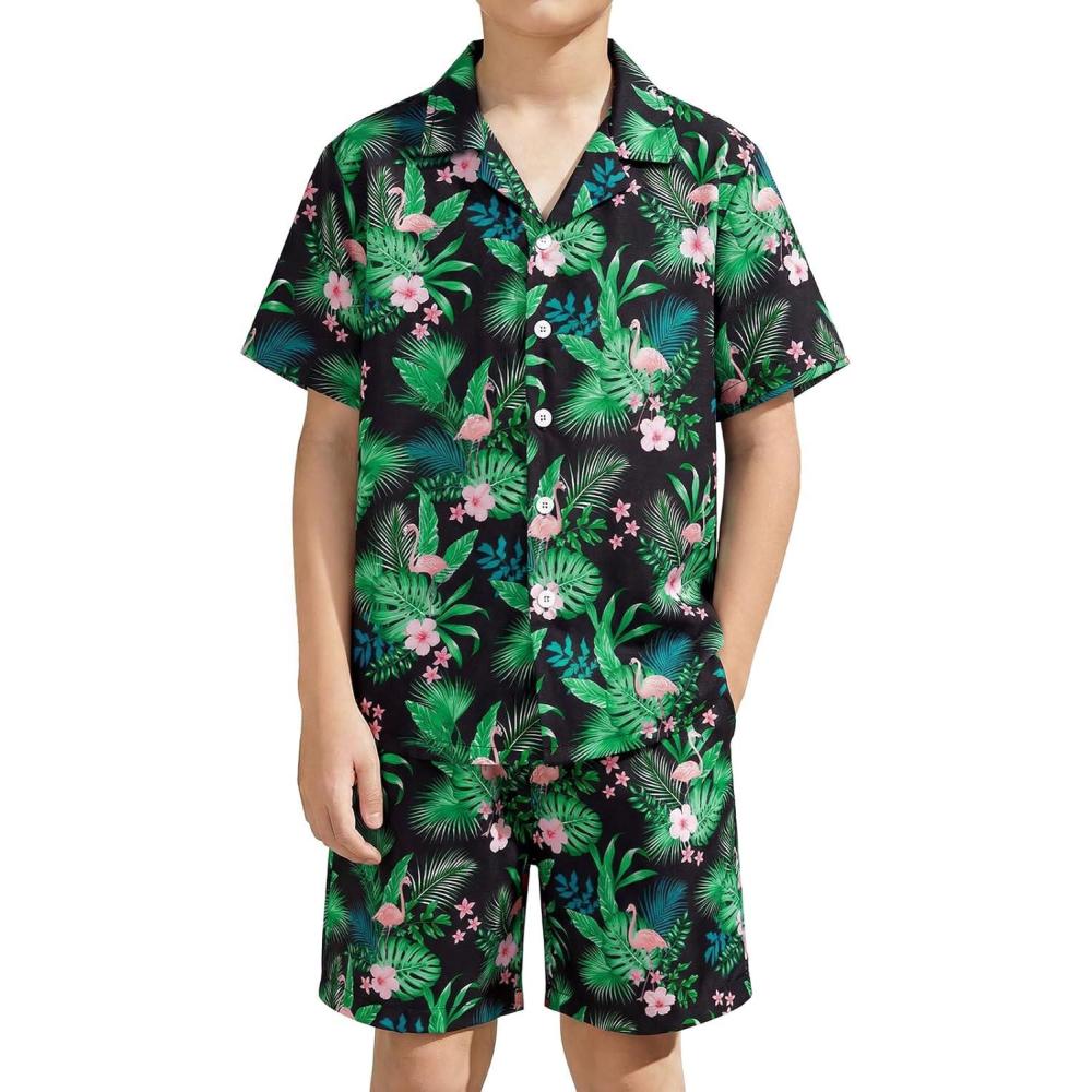 image:imageHaloumoning Boys 2 Piece Outfits Hawaiian Button Down Shirt and Shorts Sets Summer Beach Clothes 514 YearsGreen
