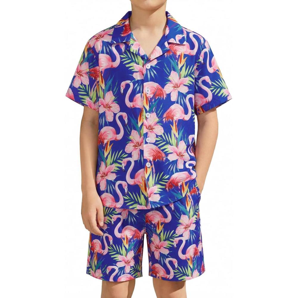 image:imageHaloumoning Boys 2 Piece Outfits Hawaiian Button Down Shirt and Shorts Sets Summer Beach Clothes 514 YearsRoyal Blue