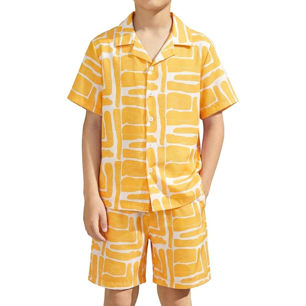 image:imageHaloumoning Boys 2 Piece Outfits Hawaiian Button Down Shirt and Shorts Sets Summer Beach Clothes 514 YearsYellow