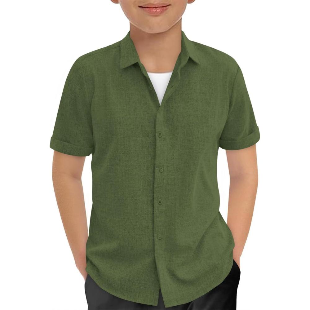 image:imageHaloumoning Boys Short Sleeve Dress Shirts Kids Summer Beach Button Down Shirt 514 YearsArmy Green