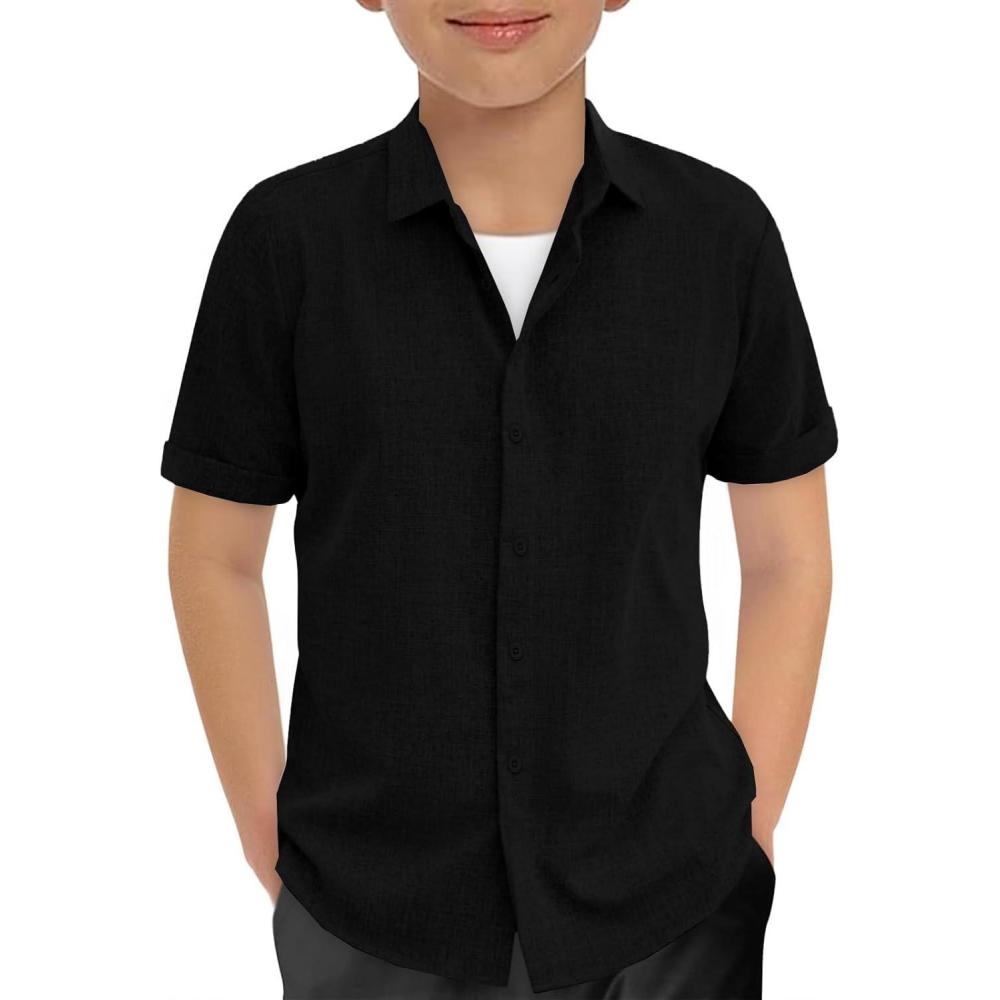 image:imageHaloumoning Boys Short Sleeve Dress Shirts Kids Summer Beach Button Down Shirt 514 YearsBlack