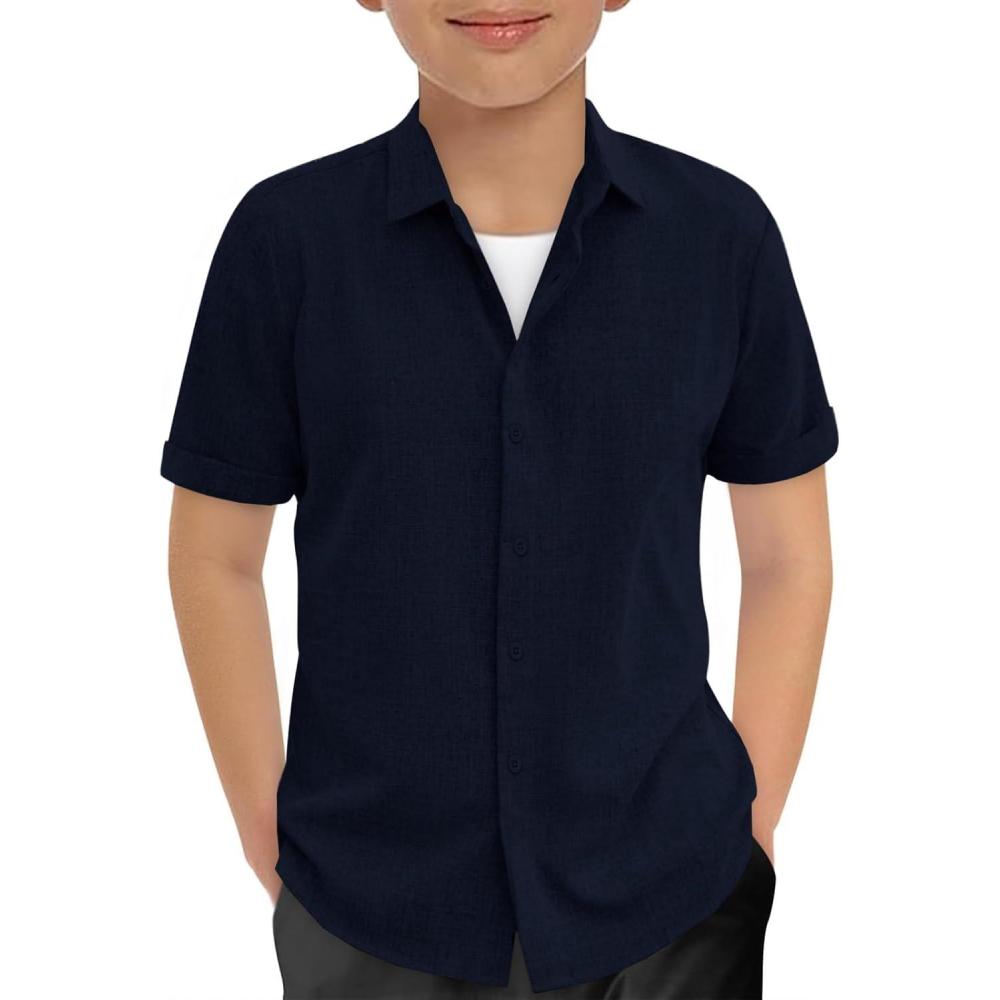 image:imageHaloumoning Boys Short Sleeve Dress Shirts Kids Summer Beach Button Down Shirt 514 YearsDark Blue