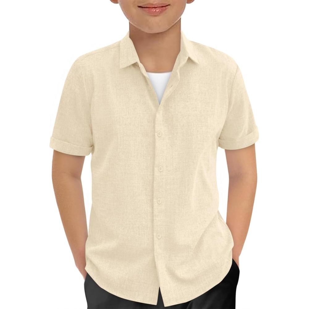 image:imageHaloumoning Boys Short Sleeve Dress Shirts Kids Summer Beach Button Down Shirt 514 YearsKhaki