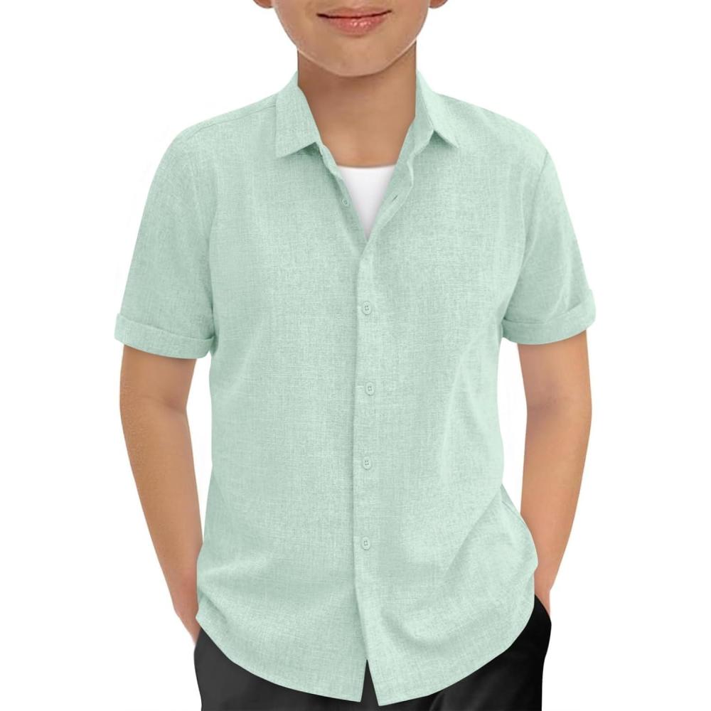 image:imageHaloumoning Boys Short Sleeve Dress Shirts Kids Summer Beach Button Down Shirt 514 YearsLight Green