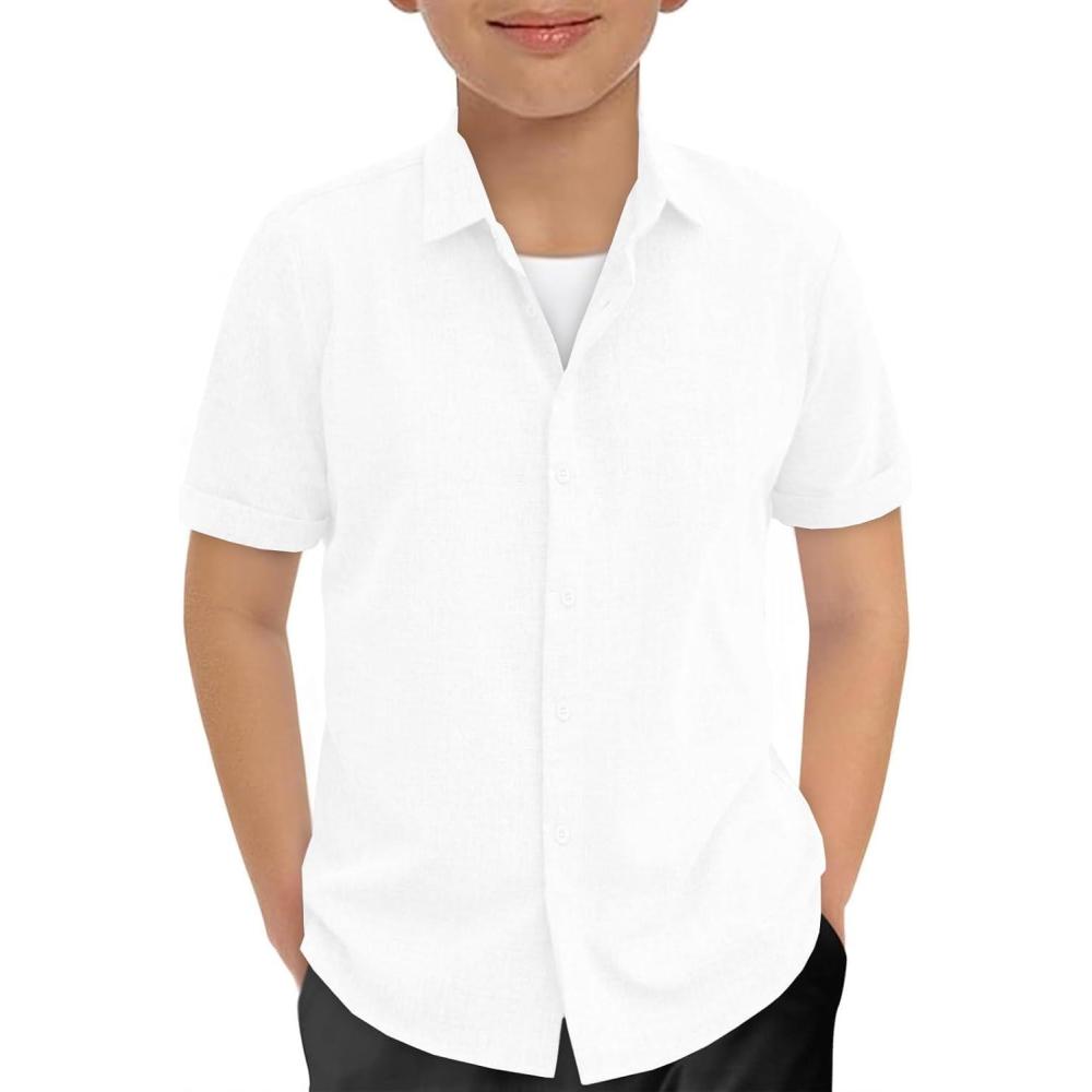 image:imageHaloumoning Boys Short Sleeve Dress Shirts Kids Summer Beach Button Down Shirt 514 YearsWhite