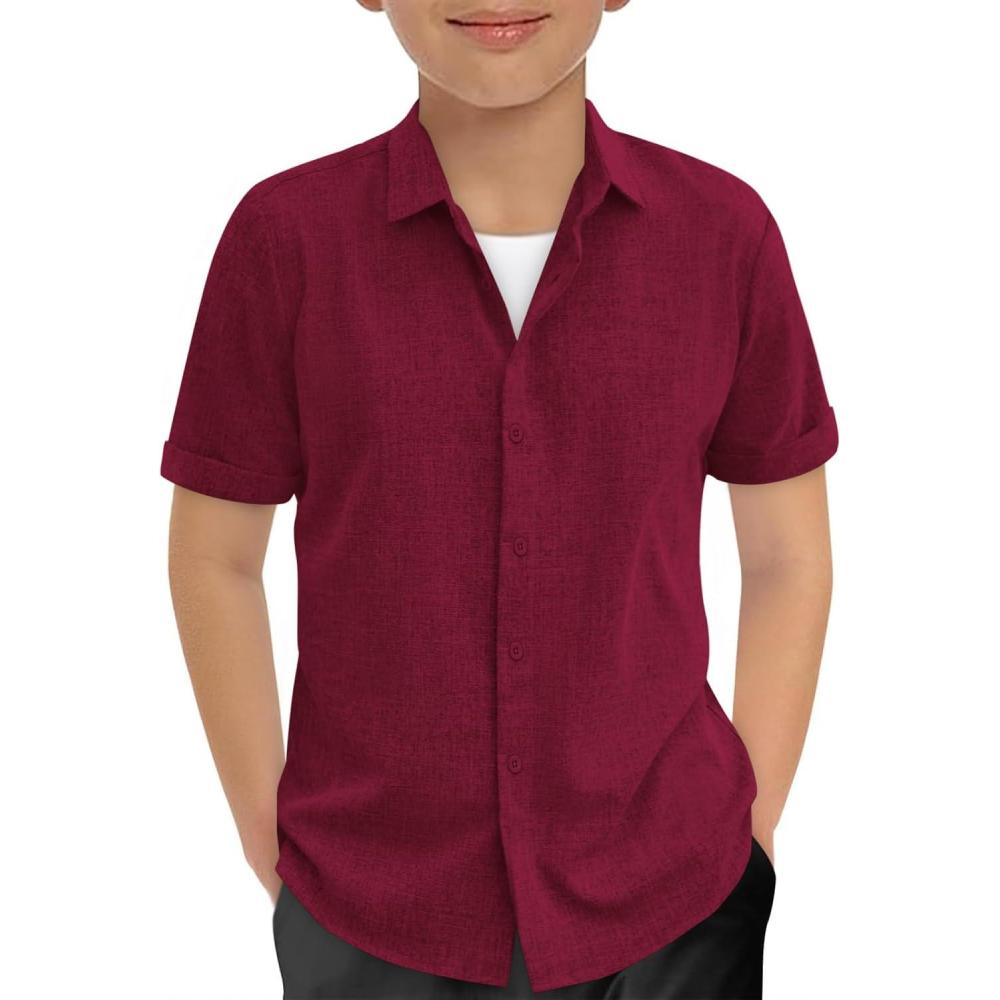 image:imageHaloumoning Boys Short Sleeve Dress Shirts Kids Summer Beach Button Down Shirt 514 YearsWine Red