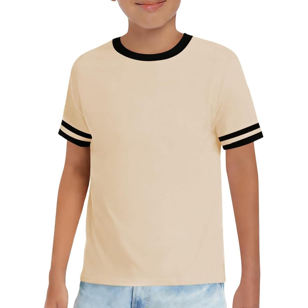 image:imageHaloumoning Boys Short Sleeve T Shirts Kids Summer Crewneck Color Block Tops Fashion Tees 514 YearsBeige