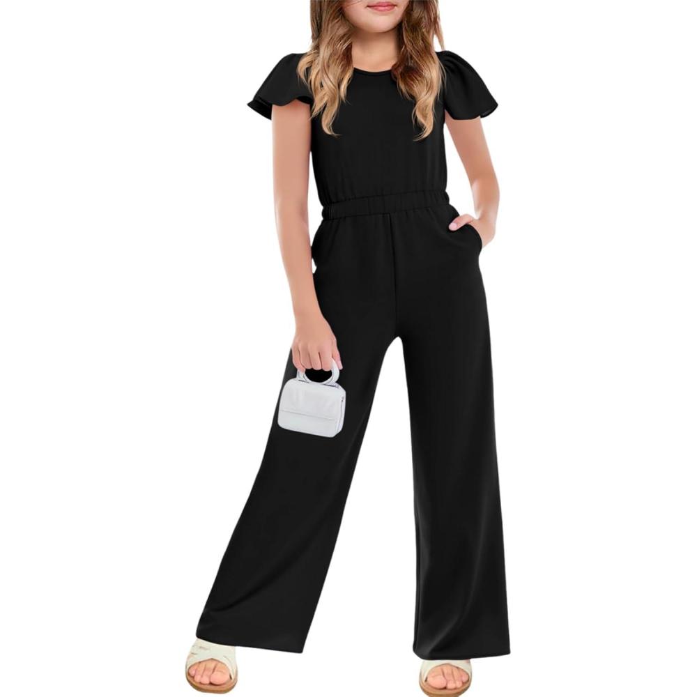 image:imageHaloumoning Girls Jumpsuit Kids Fashion Ruffle Cap Sleeve Wide Leg Rompers One Piece Outfits with PocketsBlack