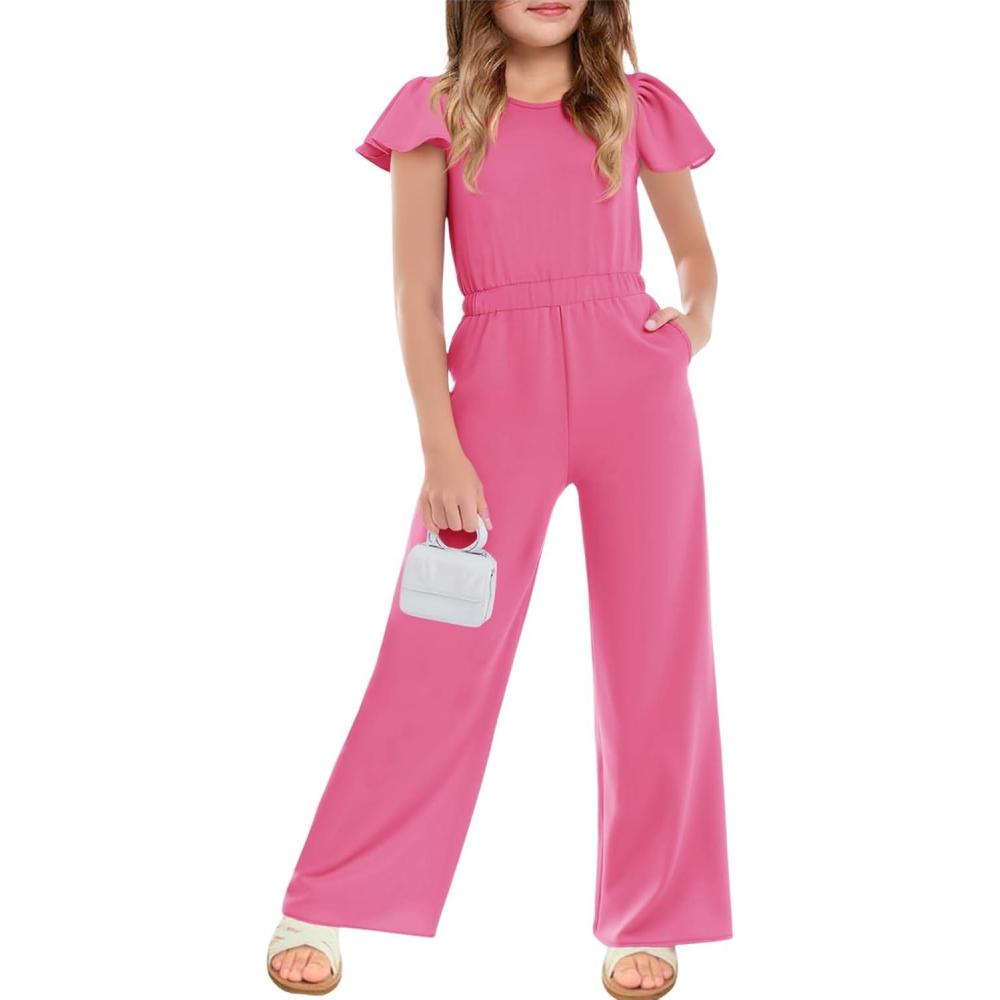 image:imageHaloumoning Girls Jumpsuit Kids Fashion Ruffle Cap Sleeve Wide Leg Rompers One Piece Outfits with PocketsHot Pink