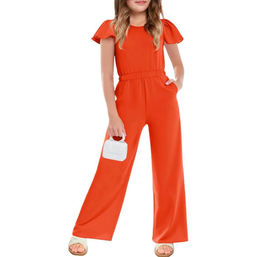 image:imageHaloumoning Girls Jumpsuit Kids Fashion Ruffle Cap Sleeve Wide Leg Rompers One Piece Outfits with PocketsOrange