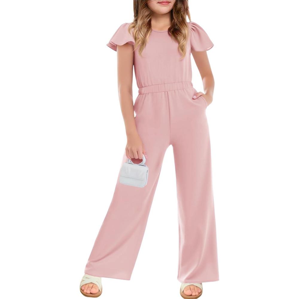 image:imageHaloumoning Girls Jumpsuit Kids Fashion Ruffle Cap Sleeve Wide Leg Rompers One Piece Outfits with PocketsPink