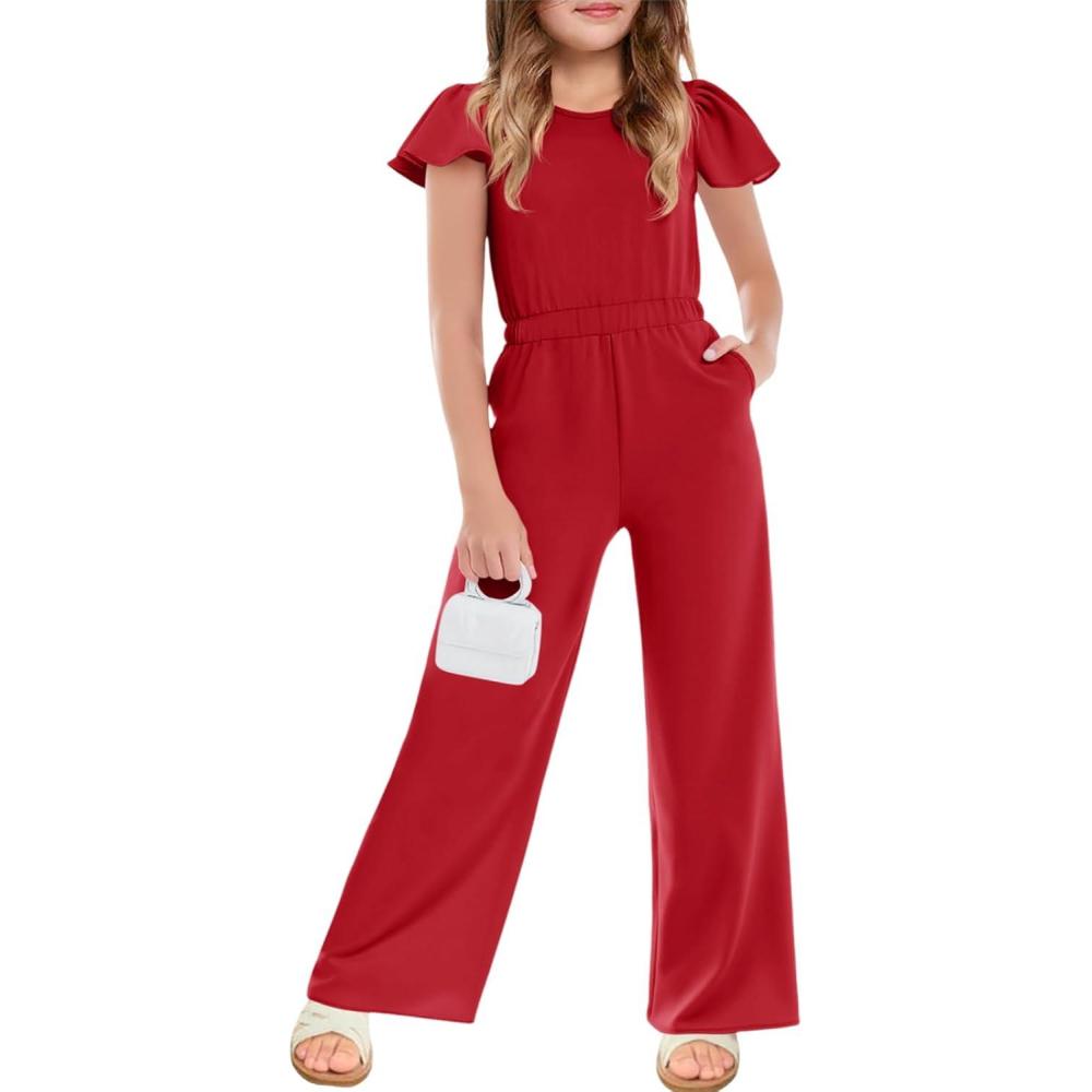 image:imageHaloumoning Girls Jumpsuit Kids Fashion Ruffle Cap Sleeve Wide Leg Rompers One Piece Outfits with PocketsRed