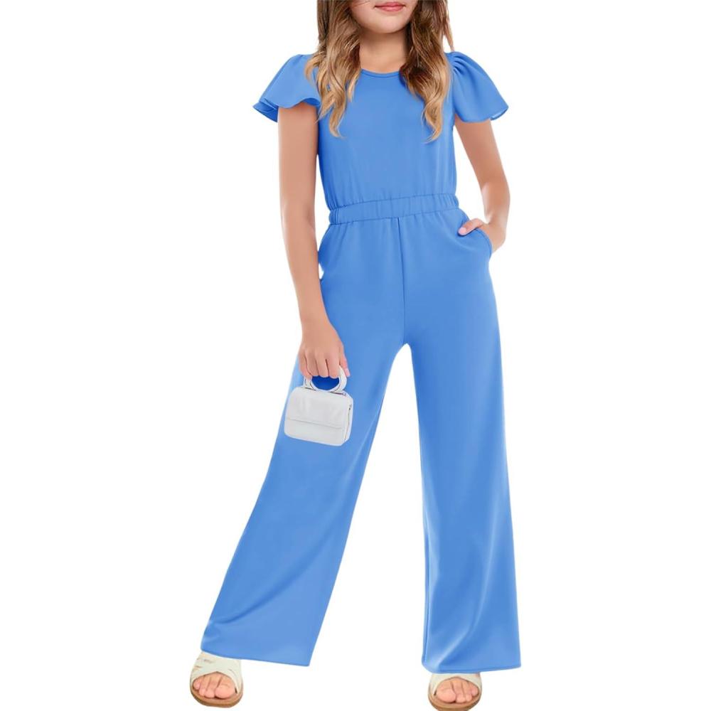 image:imageHaloumoning Girls Jumpsuit Kids Fashion Ruffle Cap Sleeve Wide Leg Rompers One Piece Outfits with PocketsRoyal Blue