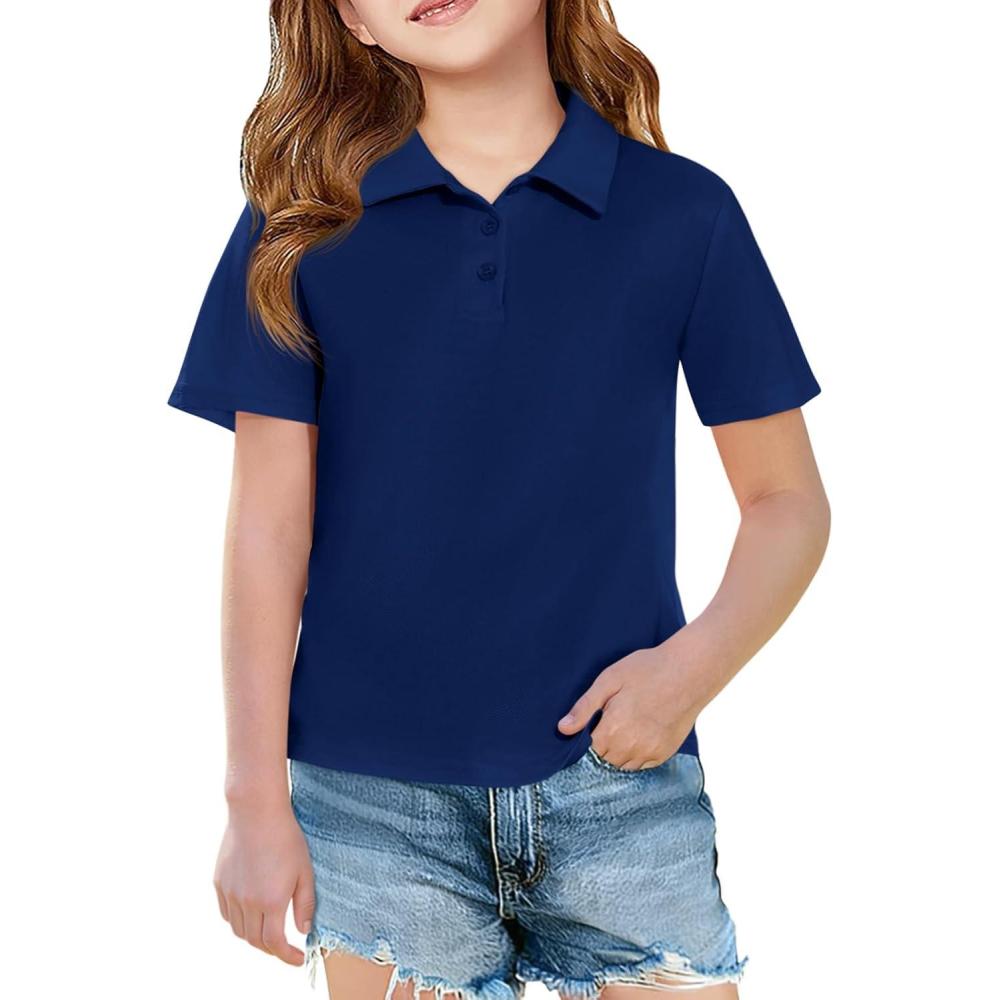 image:imageHaloumoning Girls Short Sleeve Polo Shirts Kids School Uniform Pique Polo Shirt 514 YearsNavy Blue