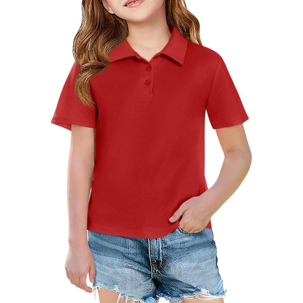 image:imageHaloumoning Girls Short Sleeve Polo Shirts Kids School Uniform Pique Polo Shirt 514 YearsRed
