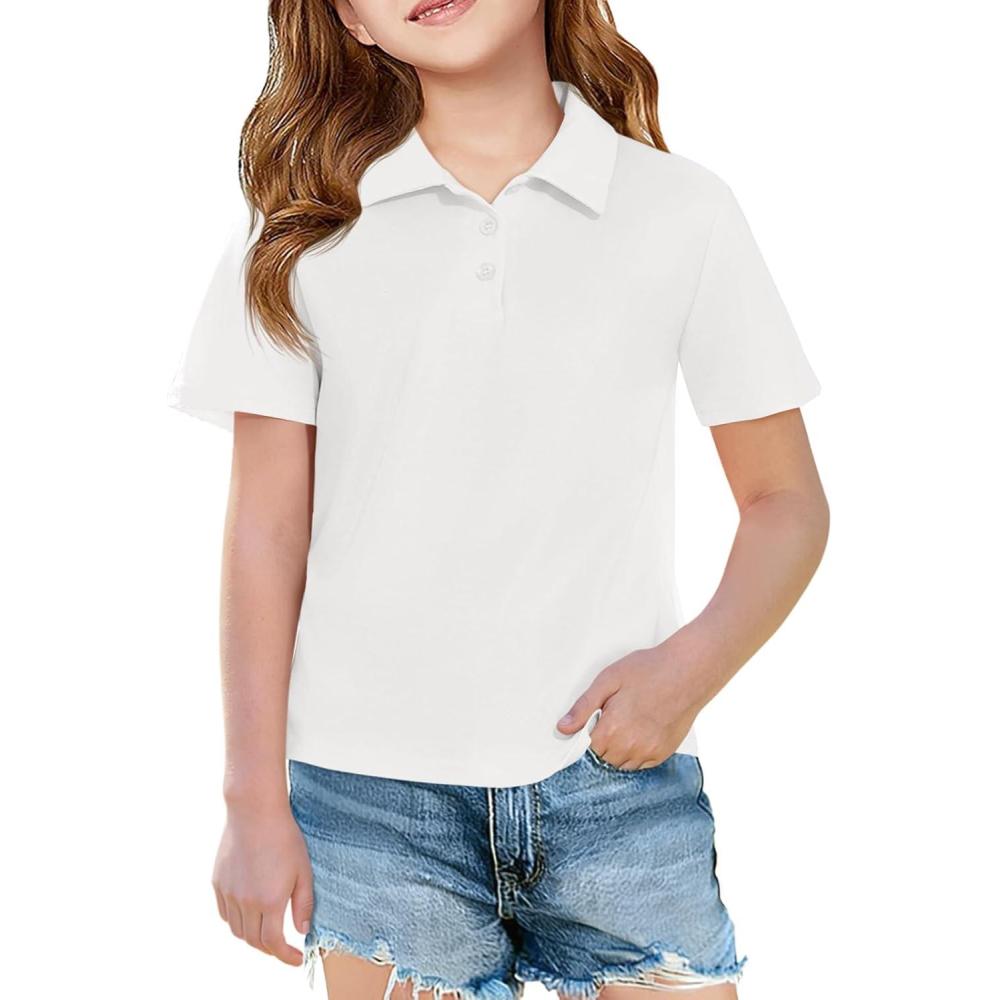 image:imageHaloumoning Girls Short Sleeve Polo Shirts Kids School Uniform Pique Polo Shirt 514 YearsWhite