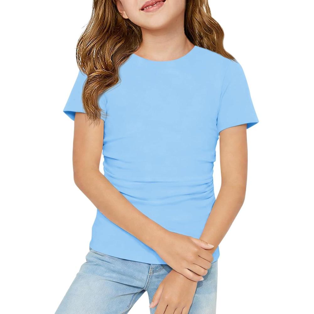 image:imageHaloumoning Girls Short Sleeve T Shirts Kids Ruched Side Slim Fit Tops Casual Crewneck Tees 514 YearsLight Blue