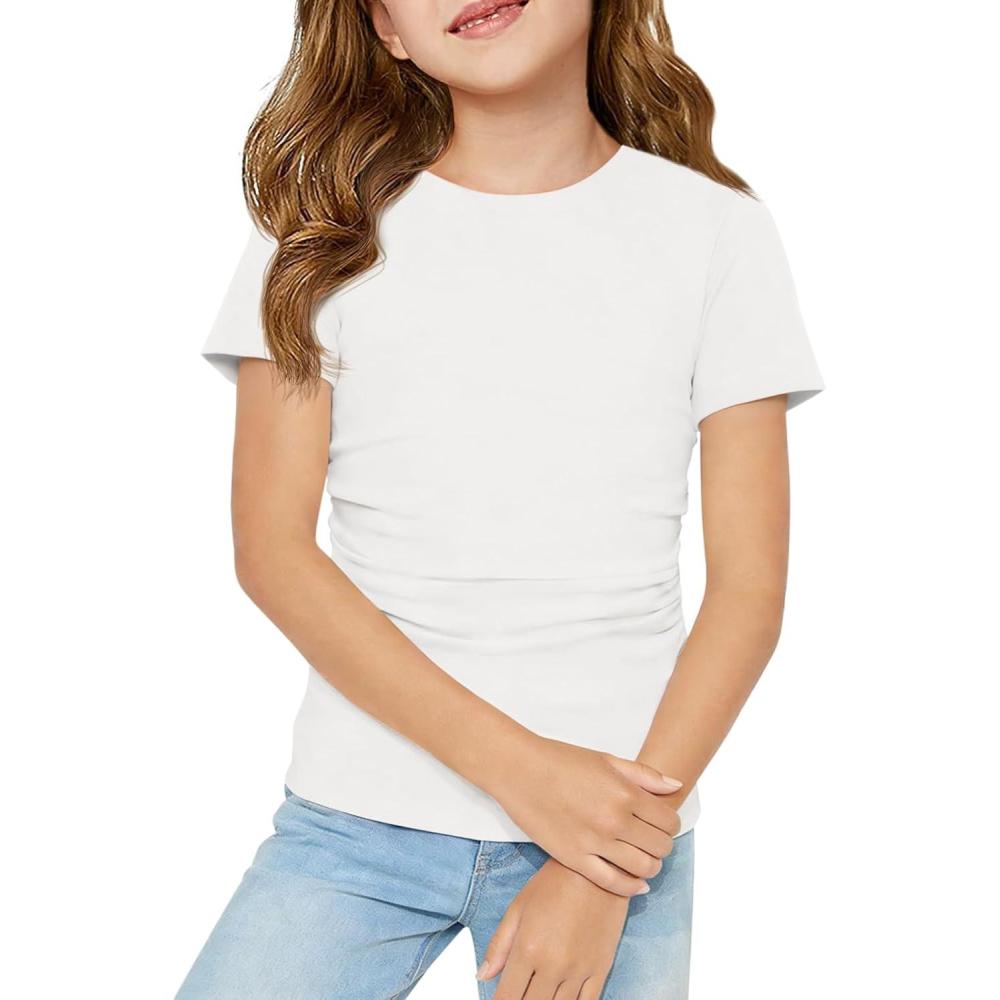 image:imageHaloumoning Girls Short Sleeve T Shirts Kids Ruched Side Slim Fit Tops Casual Crewneck Tees 514 YearsWhite