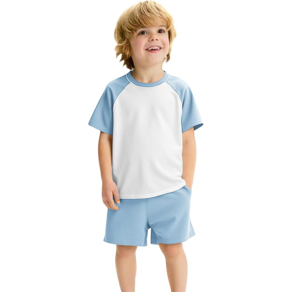 image:imageHaloumoning Toddler Baby Boy 2 Piece Summer Outfits Kids Colorblock Short Sleeve Raglan T Shirts and Shorts Set Clothes 18YBlue